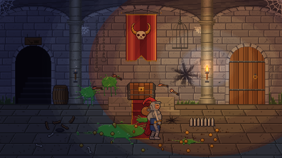 A dungeon hall the morning after: a skull banner, a treasure chest, green goo, arrows and coins on the floor.
