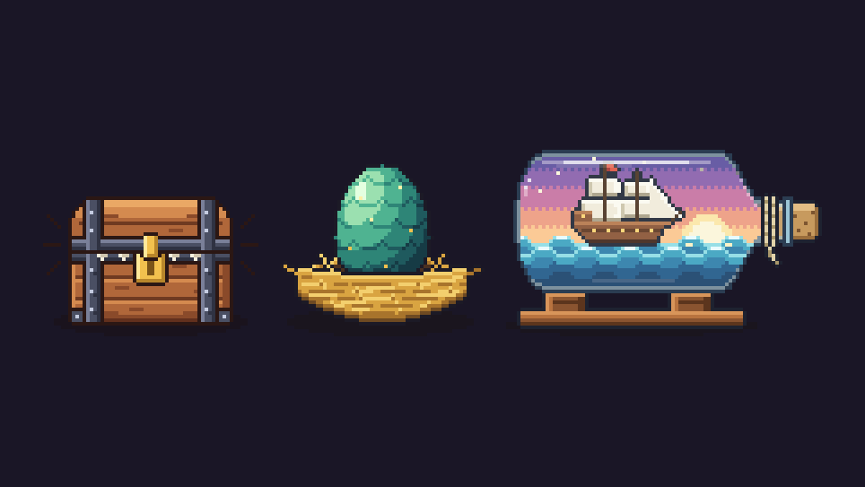 Three small builds: a mimic treasure chest, a green dragon egg in a nest and a ship in a bottle.