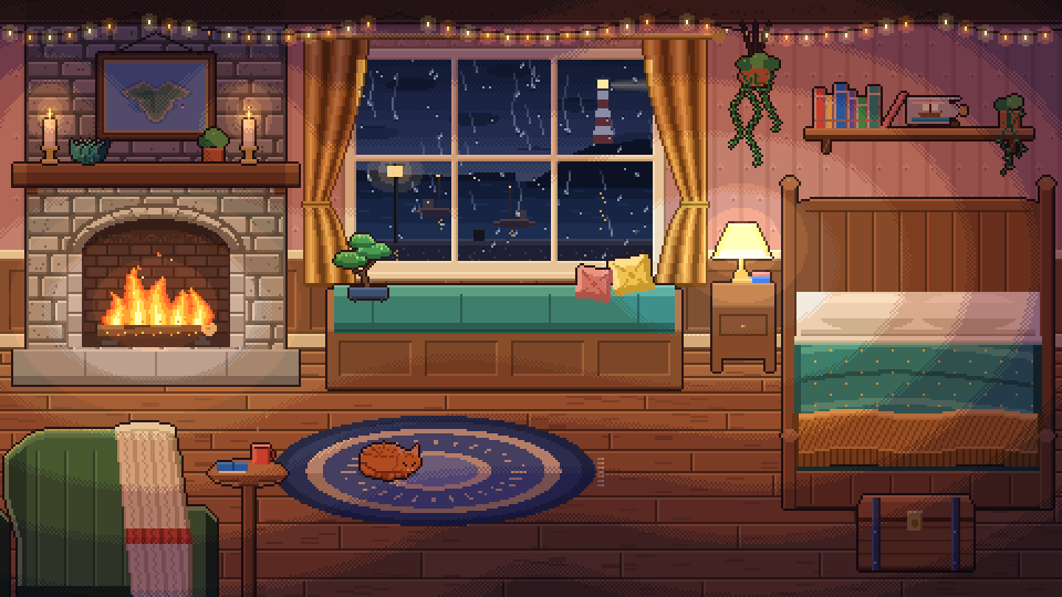 A cozy room at night: a stone fireplace, a bed, an armchair and a rainy window with a lighthouse outside.
