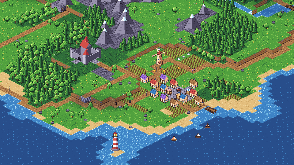 An isometric continent by day: forests, mountains, a castle, a village with a windmill, a lighthouse and boats.