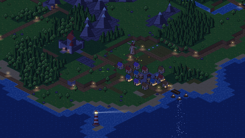 The same part of the island at night, with lit windows, street lamps and the lighthouse beam.