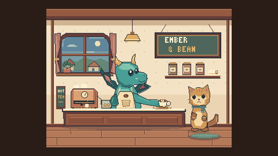 A teal dragon barista behind a café counter under an Ember & Bean sign, serving a cat customer.