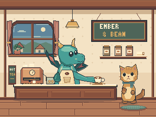 A dragon barista behind a café counter with a customer and cups.