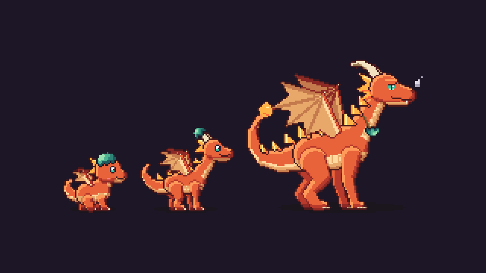 The dragon at three stages, baby, teen and adult, side by side in the same orange colours.