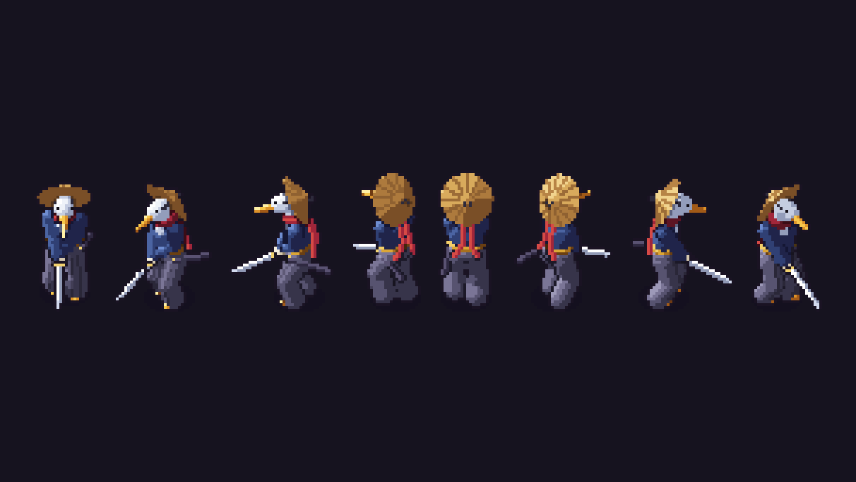The heron swordsman in a straw hat and red scarf, shown facing all eight directions.