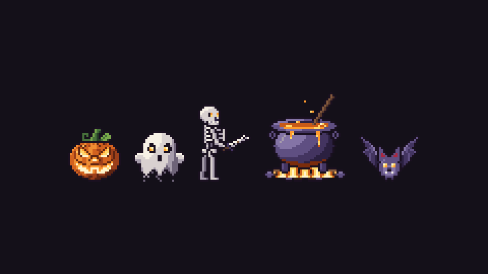 Halloween sprites: a jack-o'-lantern, a ghost, a skeleton, a bubbling cauldron and a bat.