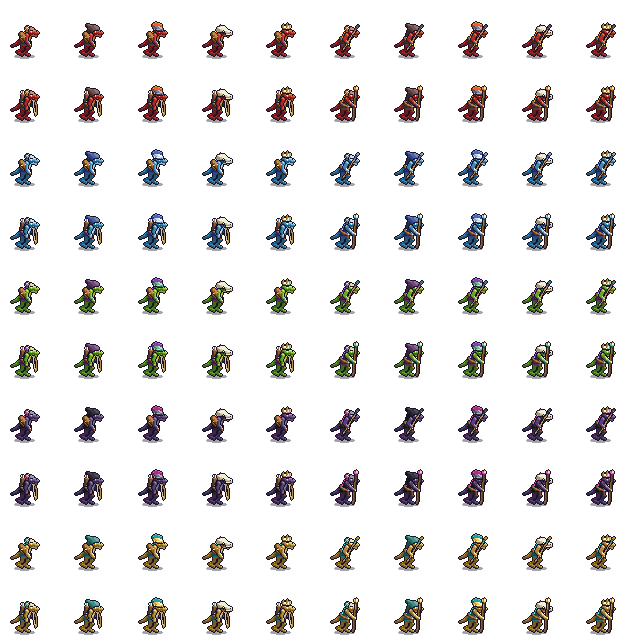 All 100 kobold variants in a 10 by 10 grid: five heads and four weapons in each of five element colours.
