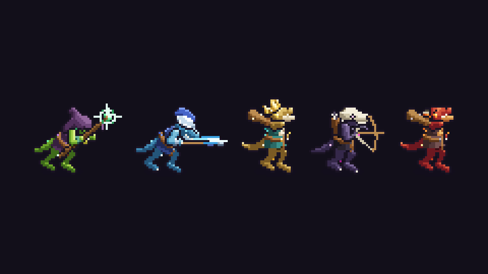 Five kobold enemy variants side by side, each with a different head, weapon and element colour.