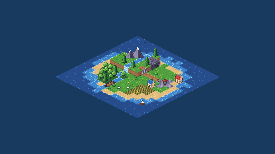 A small isometric island of diamond tiles: beach, grass, trees and rocks in a blue sea.