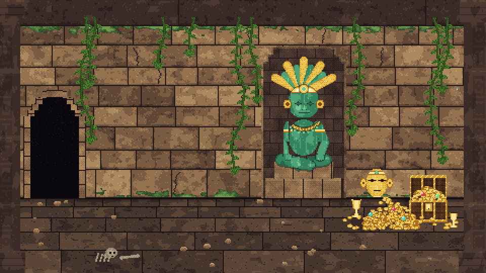 A jungle temple wall with vines, a dark doorway, a jade idol in its alcove and a hoard of gold.