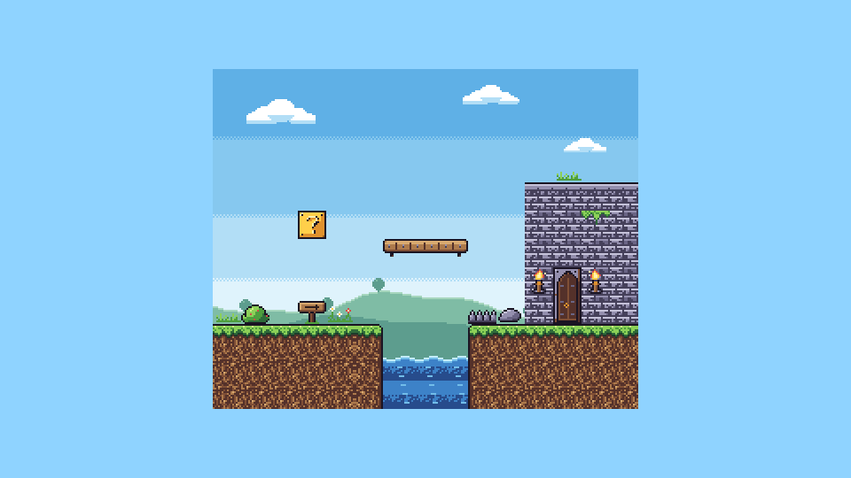 A side-view platformer level: grass and dirt ground, water, a question block, a floating platform and a stone tower.