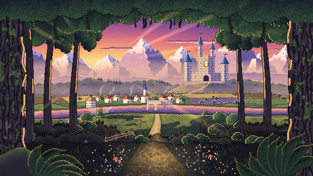 A golden-hour valley: a forest path, a river and mill, a village, fields, a castle and mountains.