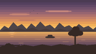 A lakeside landscape cycling through dawn, noon, dusk and storm skies.