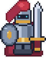 An armoured knight with a plumed helmet, shield and sword, breathing in an idle loop.