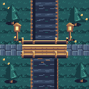 Top-down scene of a wooden bridge crossing a dark river, with lit lanterns, stone banks and pine trees on grass.