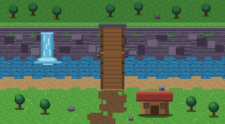 An overworld map view by day: waterfall, river, bridge, grass and a small hut.