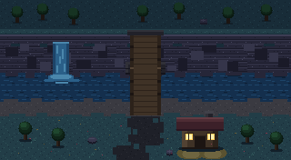 The same overworld map view at night, in cooler, darker colours.
