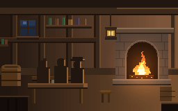 A tavern interior with a burning fireplace, shelves of bottles, barrels and a stool.