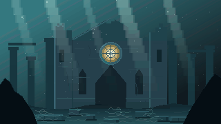 A sunken cathedral lit by shafts of light through the water, with drifting particles.
