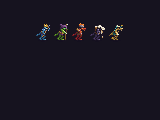 Five kobold enemies in different gear and element colours.