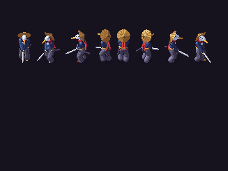 The heron swordsman standing in each of its eight directions.